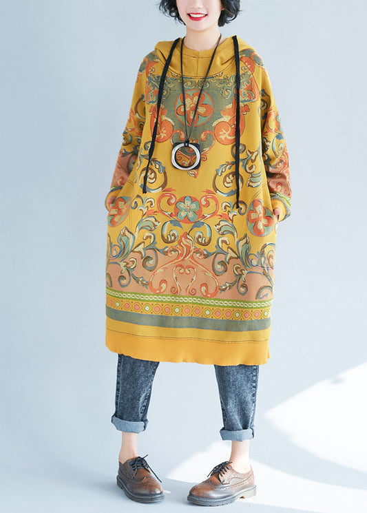 Modern Yellow Drawstring Hooded Pullover Dresses Spring