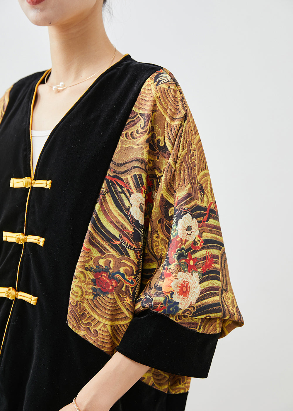 Diy Black Oversized Patchwork Chinese Button Silk Velour Two-piece Set Fall