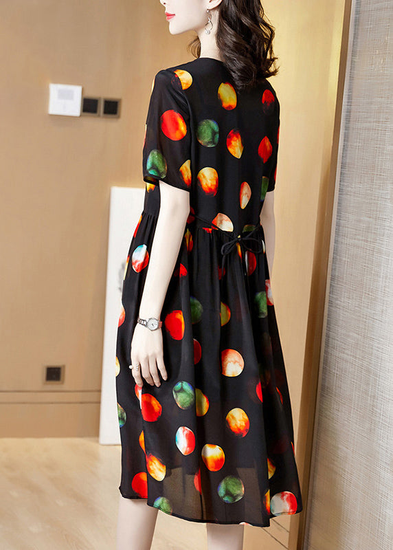 Handmade Black O-neck Multi Dot Print Silk Pleated Dress Short Sleeve