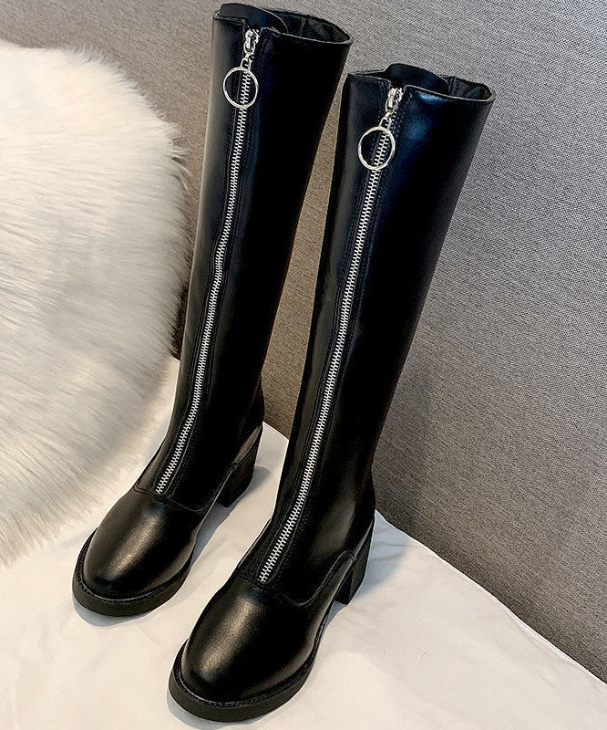 Black Zippered Cowhide Leather Knee Boots