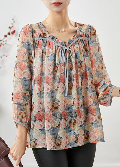 Apricot Square Collar Print Chiffon Top Bracelet Sleeve