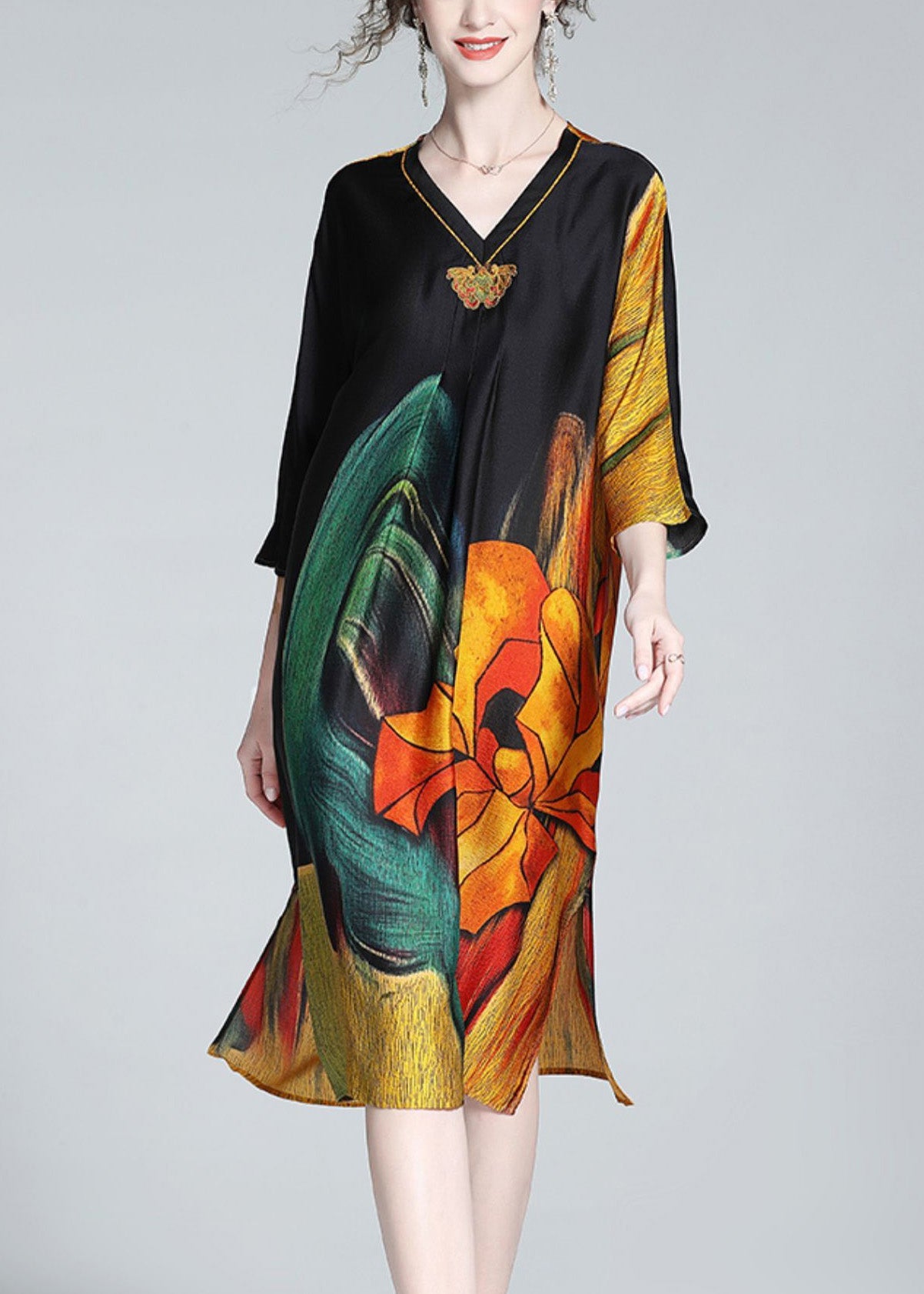 Art Silk Embroideried Print Side Open Maxi Dress Spring