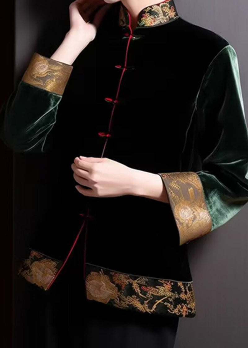 Loose Blackish Green Embroideried Button Silk Coats Long Sleeve