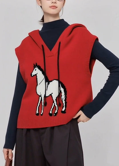 Red Hooded Horse Knit Vests Winter