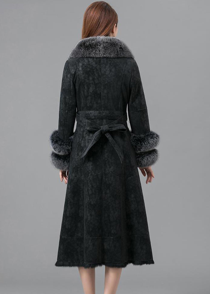 Black Warm Faux Rabbit Leather and Fur Coats Fox Collar Tie Waist Winter