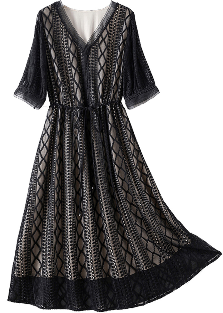 Black V Neck Tie Waist Silk Long Dress Half Sleeve