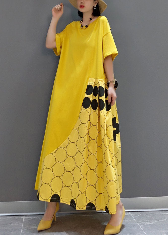 Italian Yellow O-neck Wrinkled Patchwork Maxi Dresses Spring