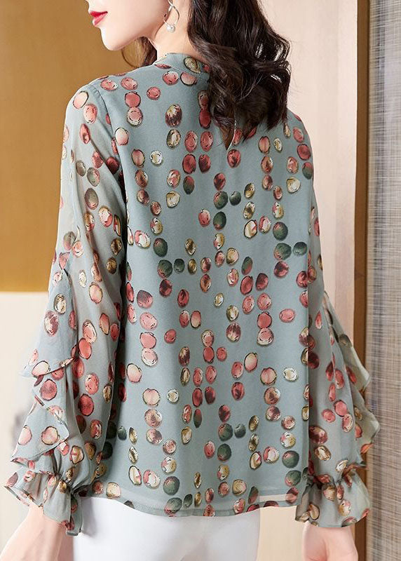 Light Green O-neck Asymmetrical Print Chiffon Shirt Top Spring