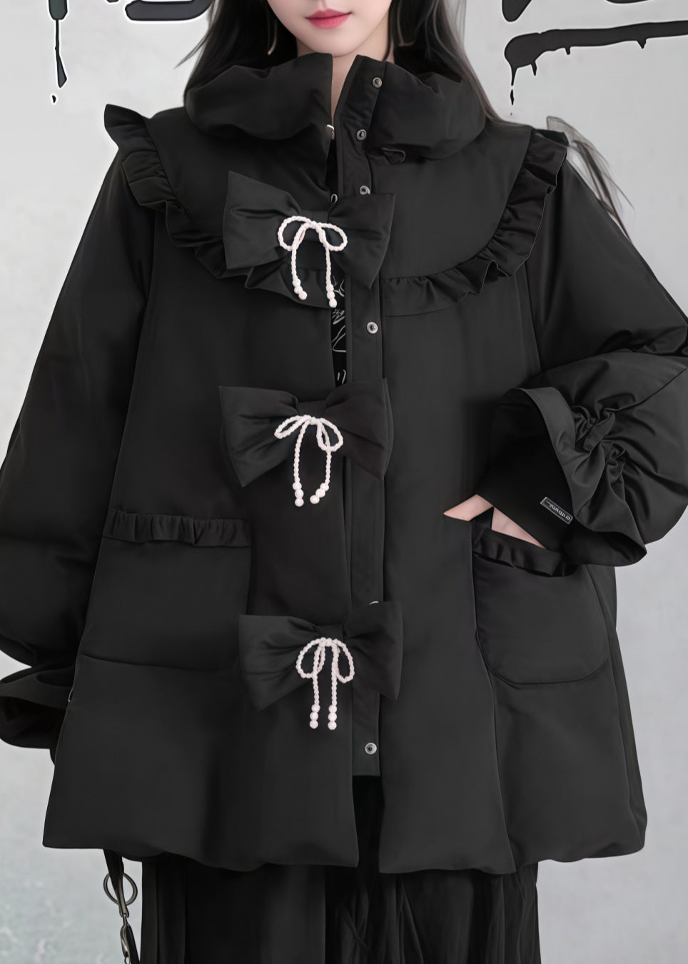 Black Ruffled Pockets Patchwork Fine Cotton Filled Puffers Jackets Winter