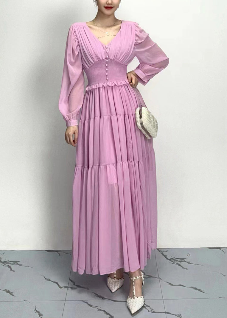 Purple V Neck Wrinkled Patchwork Chiffon Dress Long Sleeve