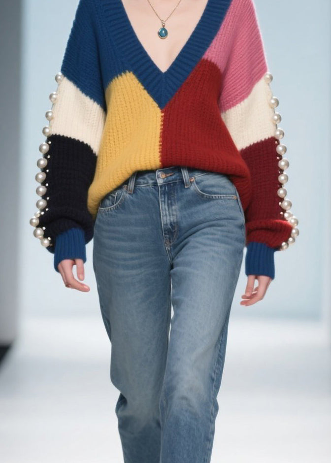 Colorblock Nail Bead Patchwork Knit Pullover Fall