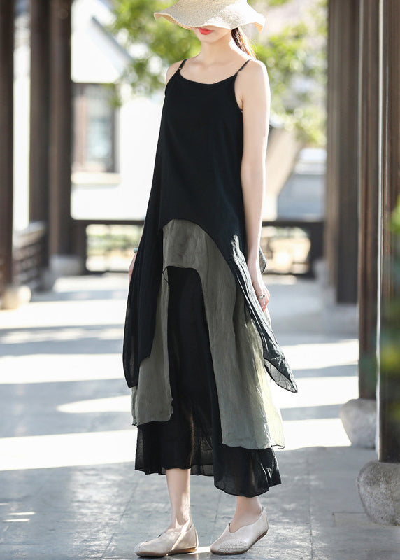 Black Colorblock Sied Open Cotton Spaghetti Strap Dresses Summer