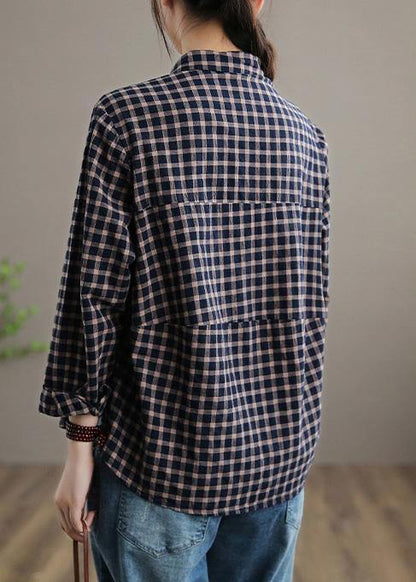 Blue Plaid Top Silhouette Lapel Patchwork Short Spring Tops
