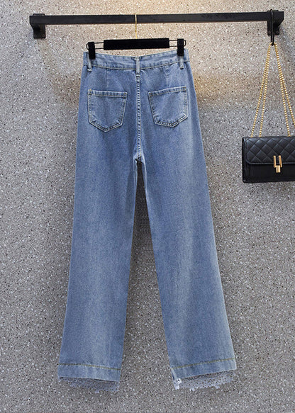Blue Lace Patchwork High Waist Wide Leg Jeans Summer