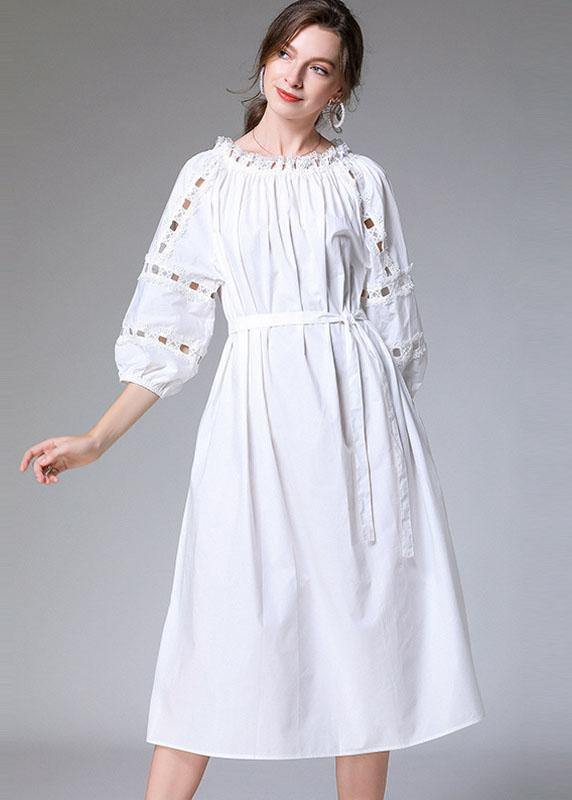 Diy White Slash Necktie Waist Cotton Fall Long Dress Half Sleeve