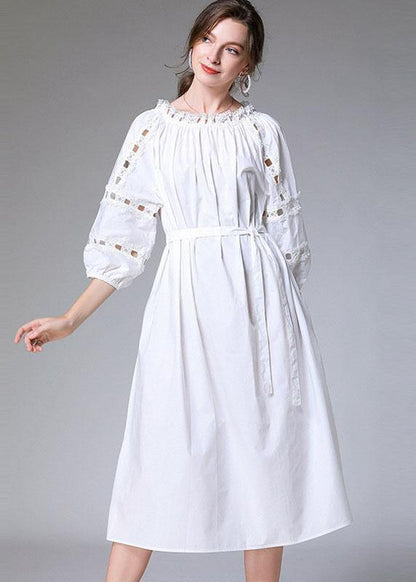 Diy White Slash Necktie Waist Cotton Fall Long Dress Half Sleeve