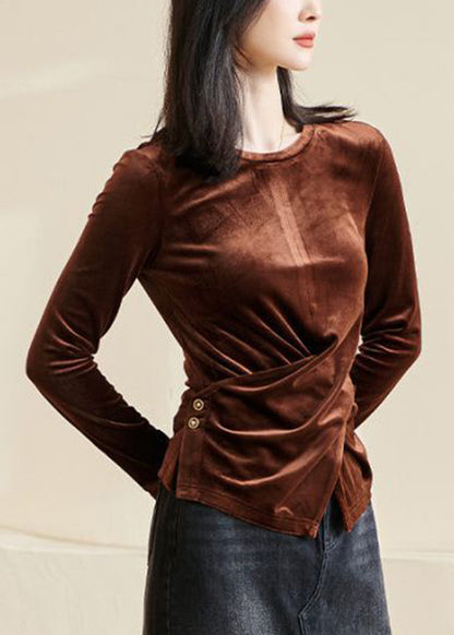 Fitted Brown O-neck Asymmetrical Silk Velour Shirt Long Sleeve
