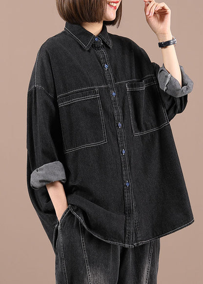 Black Loose Denim Fall Long Sleeve Coat