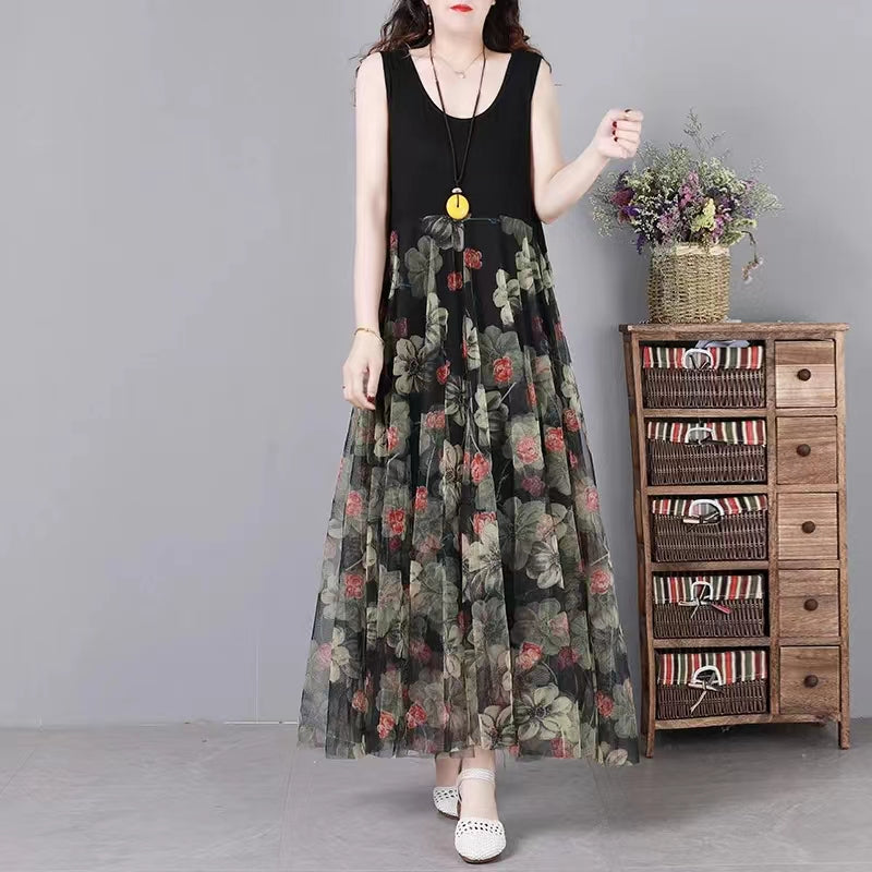 Black Print Patchwork Lace Summer Party Dress
