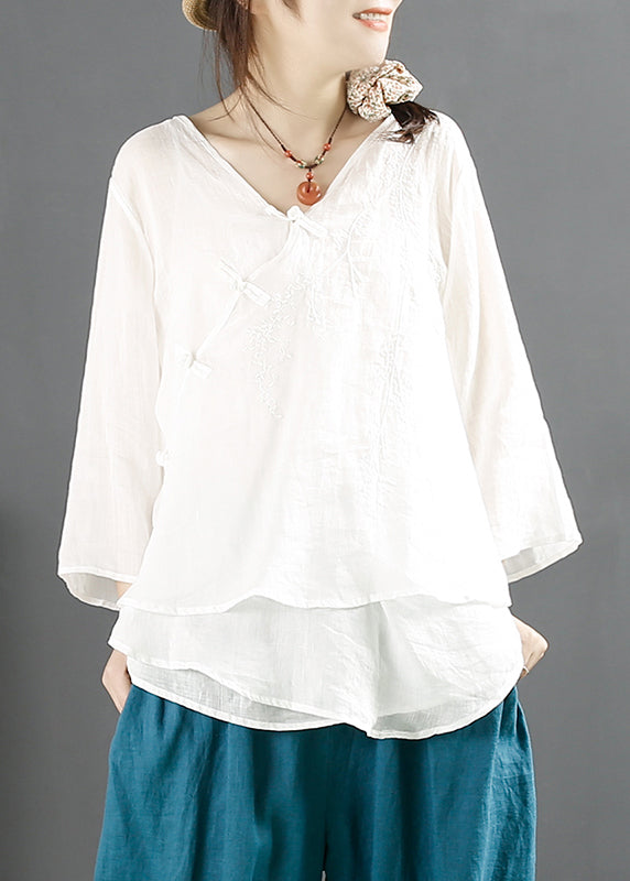 Purple V Neck Embroideried Chinese Button Linen Tops Summer