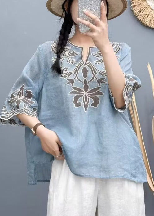 White Embroidered Cotton Shirt Tops Bracelet Sleeve