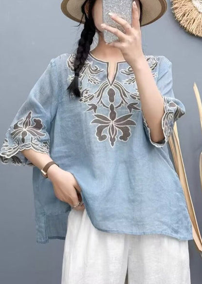 White Embroidered Cotton Shirt Tops Bracelet Sleeve