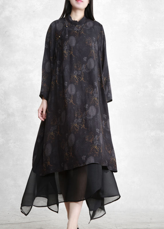 Black Mandarin Collar Tulle Patchwork Fake Two Piece Dress Long Sleeve