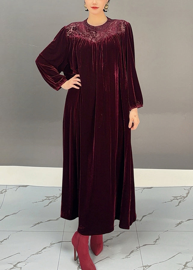 Purple O-neck Wrinkled Silk Velour Maxi Dresses Winter