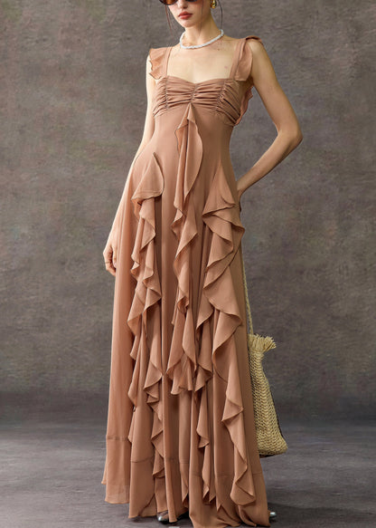 Coffee Square Collar Ruffled Cotton Long Dress Summer