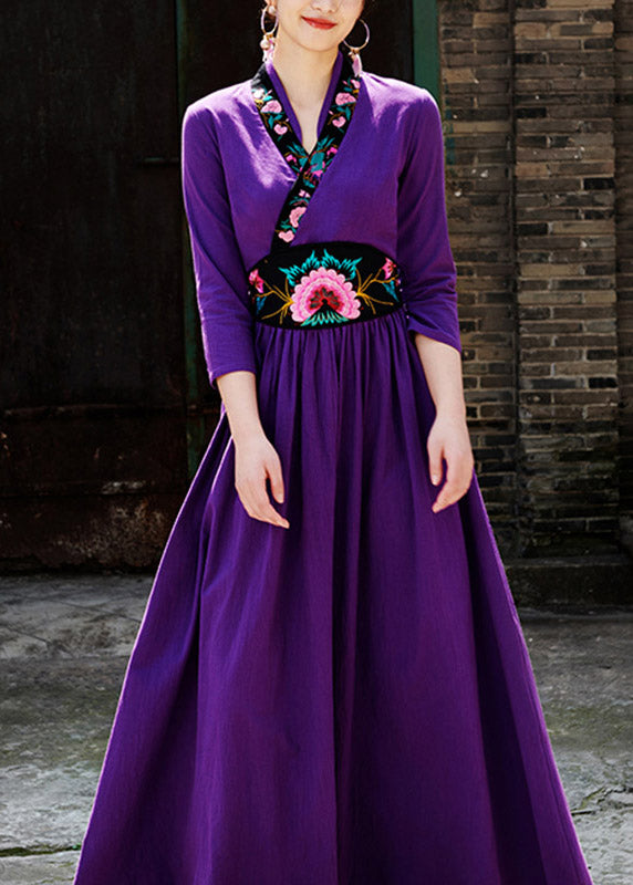 Purple V Neck Embroideried Zippered Wrinkled Maxi Dresses Fall