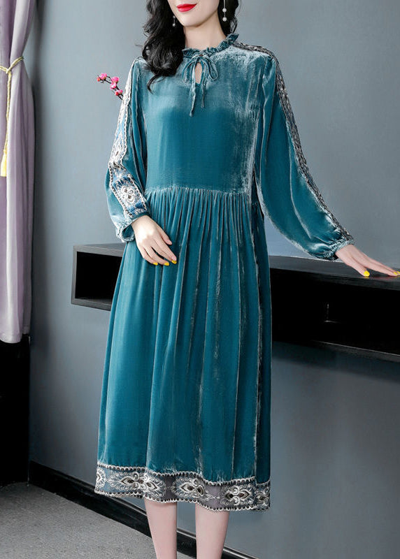Peacock Blue Ruffled Embroideried Patchwork Silk Velour Dress Spring