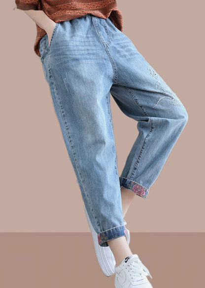 Classy Denim Blue Pant Spring Elastic Waist Embroidery Work Outfits Trousers