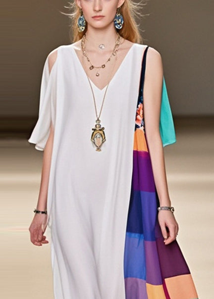 Fine White Asymmetrical Patchwork Cold Shoulder Chiffon Dress Summer