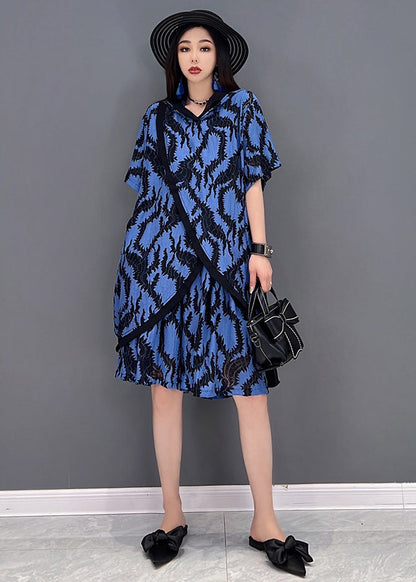 Blue Print Tops and Shorts Two Piece Suit Set Asymmetrical Side Open Summer