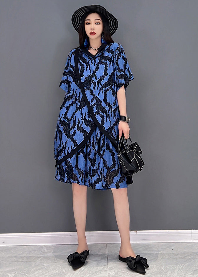 Blue Print Tops and Shorts Two Piece Suit Set Asymmetrical Side Open Summer