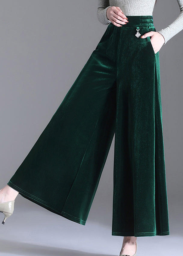 Green Pockets Elastic Waist Velour Wide Leg Pants Fall