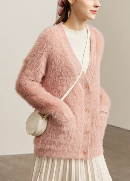 Pink Pockets Mink Velvet Cardigan V Neck Winter