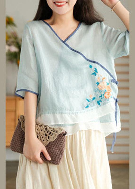 Style Yellow Embroideried Asymmetrical Design Ramie Summer Blouses