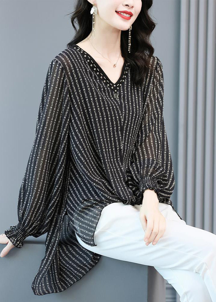 Black V Neck Striped Side Open Low High Design Chiffon Shirts Long Sleeve