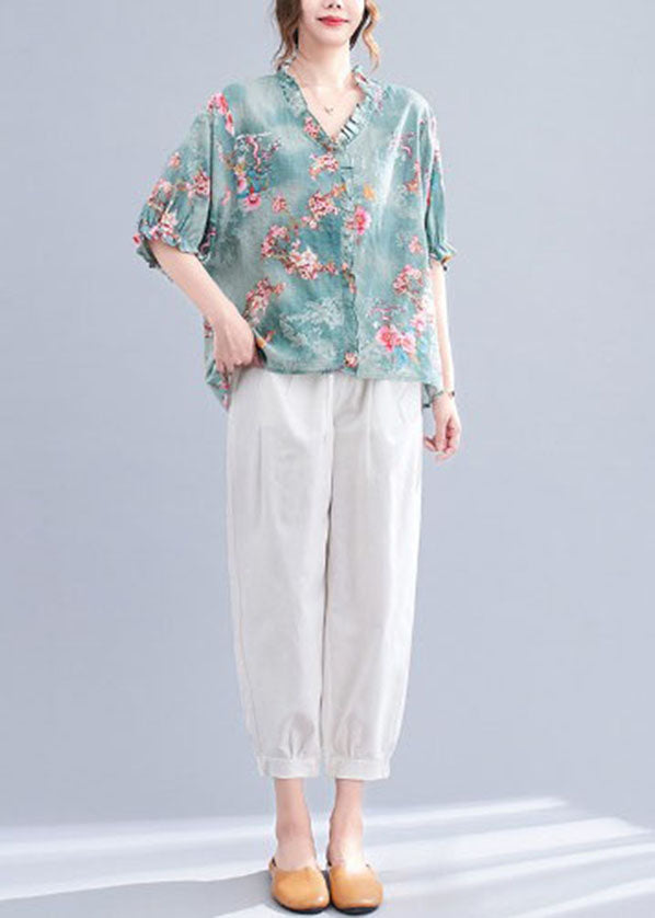 Blue V Neck Ruffled Print Cotton Tops and Harem Pants Two Pieces Set Summer