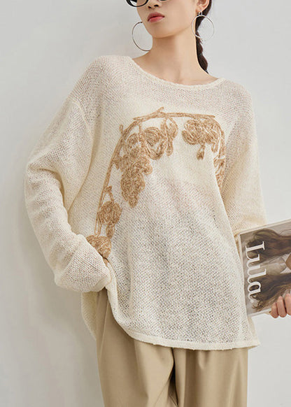 Apricot O Neck Embroidered Knit Top Fall
