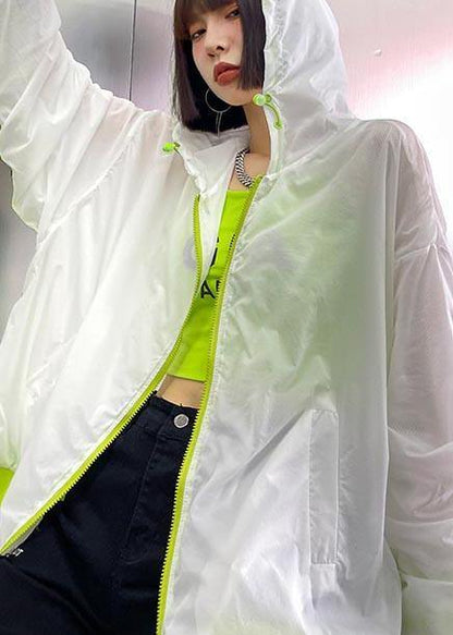 Unique White Pockets Zippered Spring Hooded Jacket