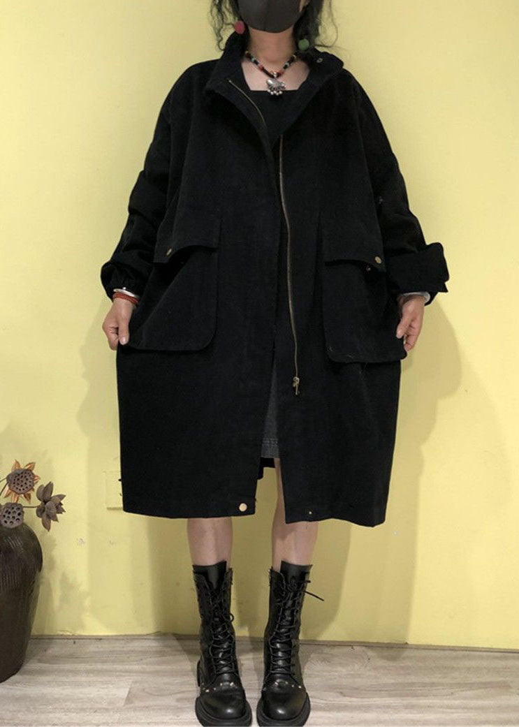 Green Stand Collar Zippered Pockets Trench Coats Fall