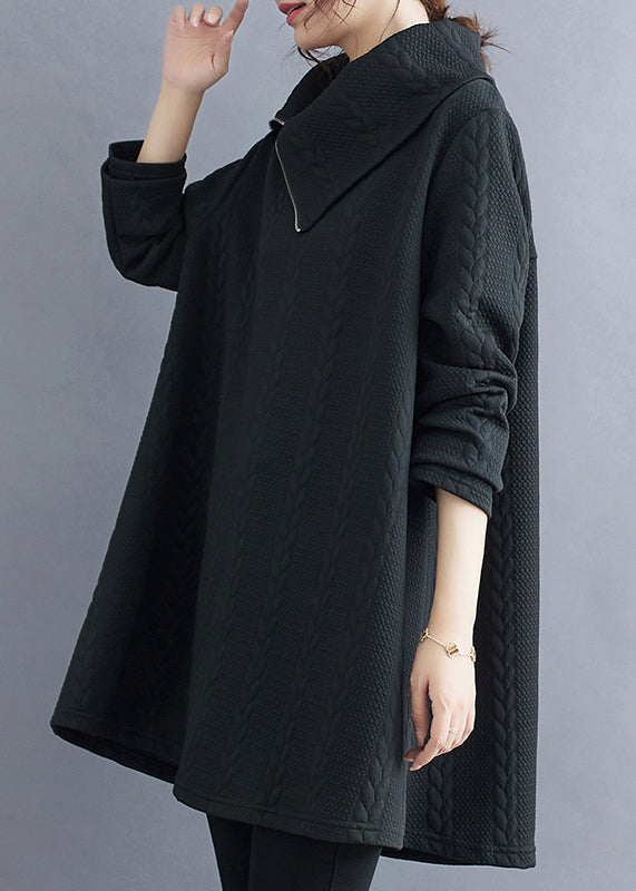 Black Zip Up Patchwork Cotton Top Long Sleeve