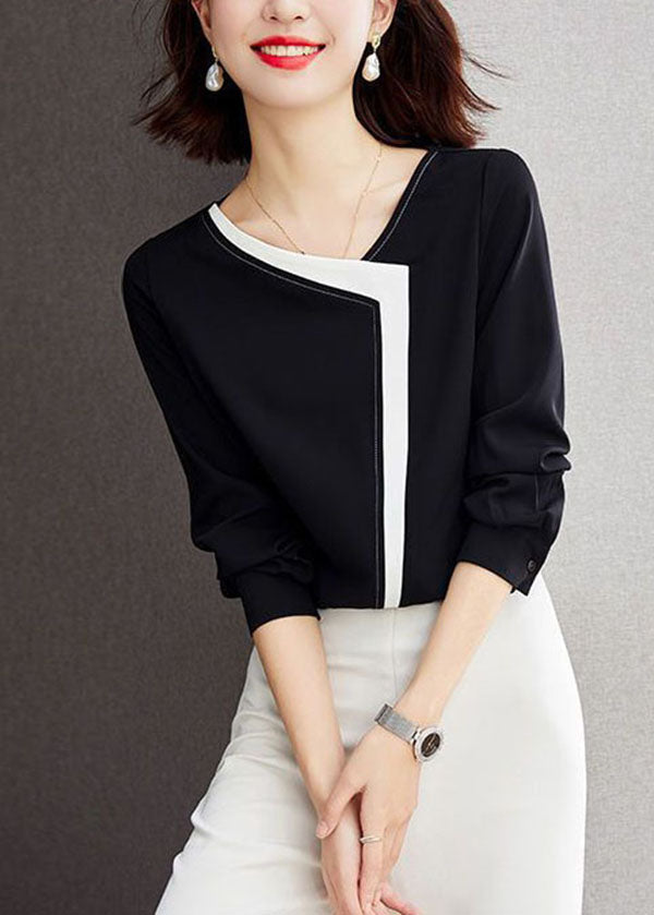 Black V Neck Patchwork Chiffon Shirt Top Long Sleeve
