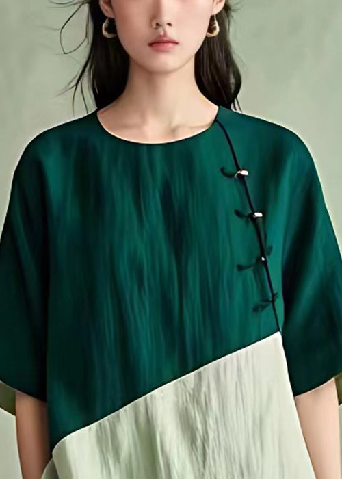 Blackish Green O Neck Button Cotton Shirt Half Sleeve