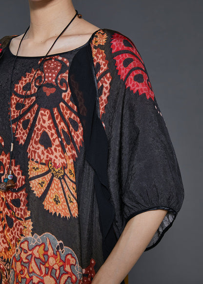 Gradient Color Print Patchwork Silk Long Dress Summer