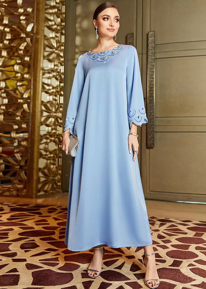 Blue Embroideried Nail Bead Chiffon Vacation Long Dresses Long Sleeve