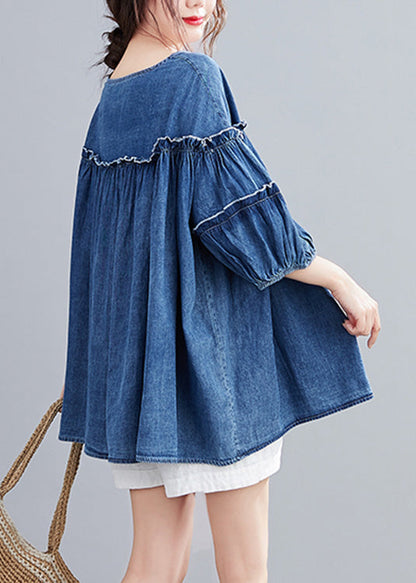 Novelty Denim Blue O-neck Ruffled Patchwork Silk Cotton Top Half Sleeve