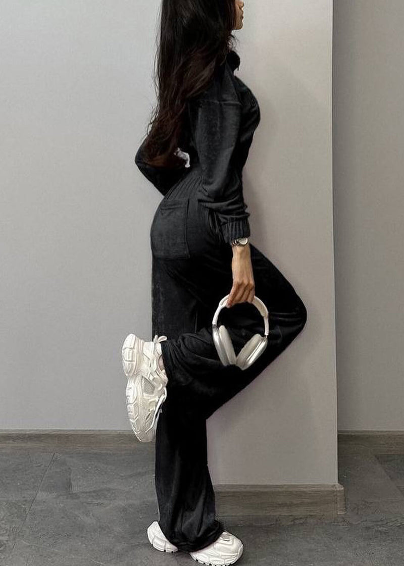 Black Pockets Elastic Waist Silk Velvet Two Pieces Set Zip Up